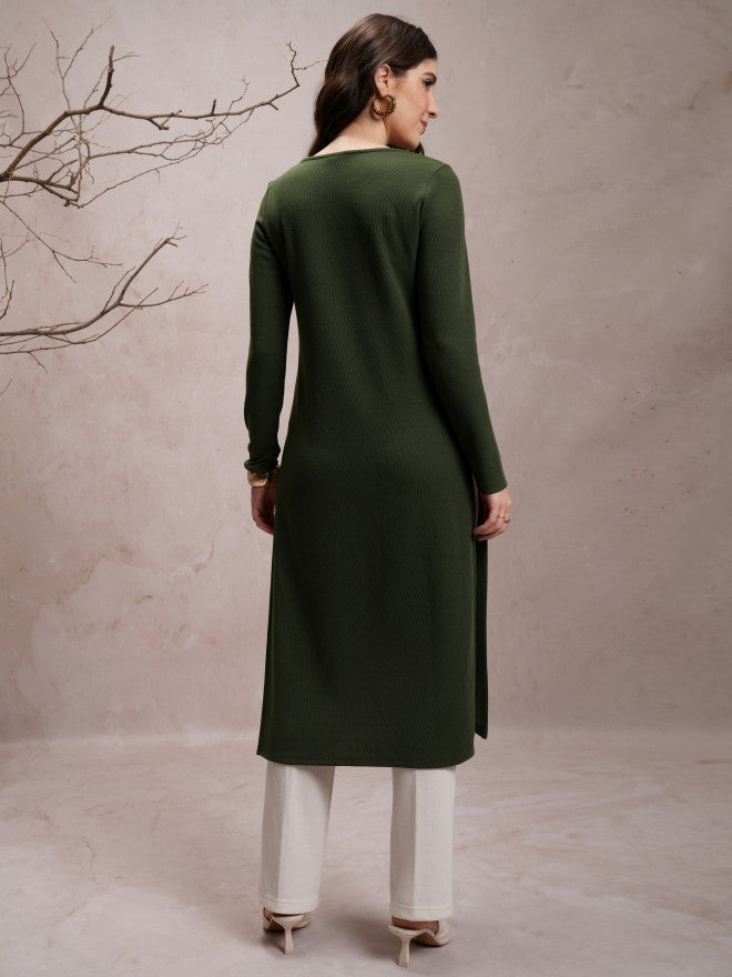 Vishudh Women Green Embroidered Straight Kurta - Green - Image 3
