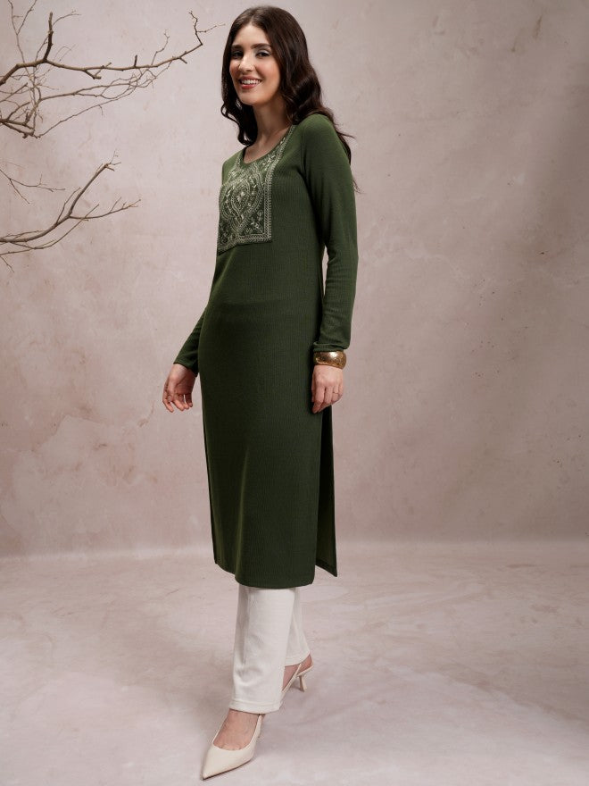 Vishudh Women Green Embroidered Straight Kurta - Green - Image 4