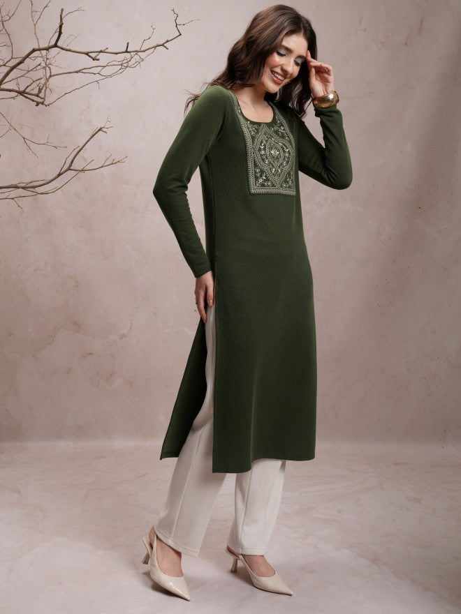 Vishudh Women Green Embroidered Straight Kurta - Green - Image 6