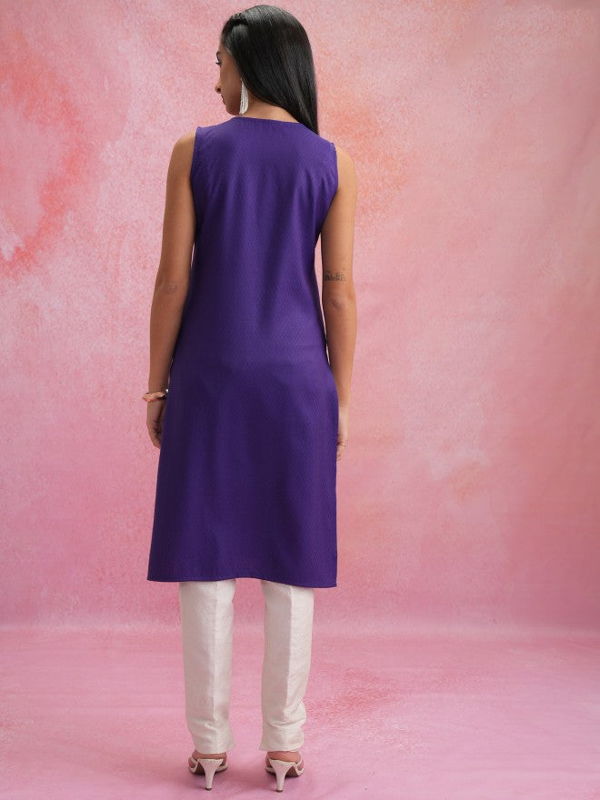 Vishudh Women Purple Solid Straight Kurta - Purple - Image 3