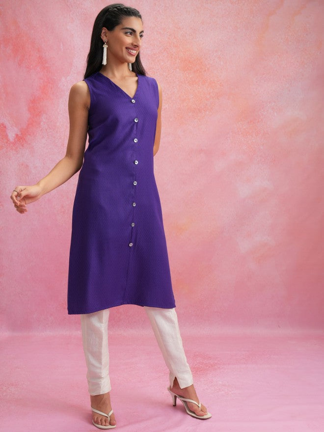 Vishudh Women Purple Solid Straight Kurta - Purple - Image 4