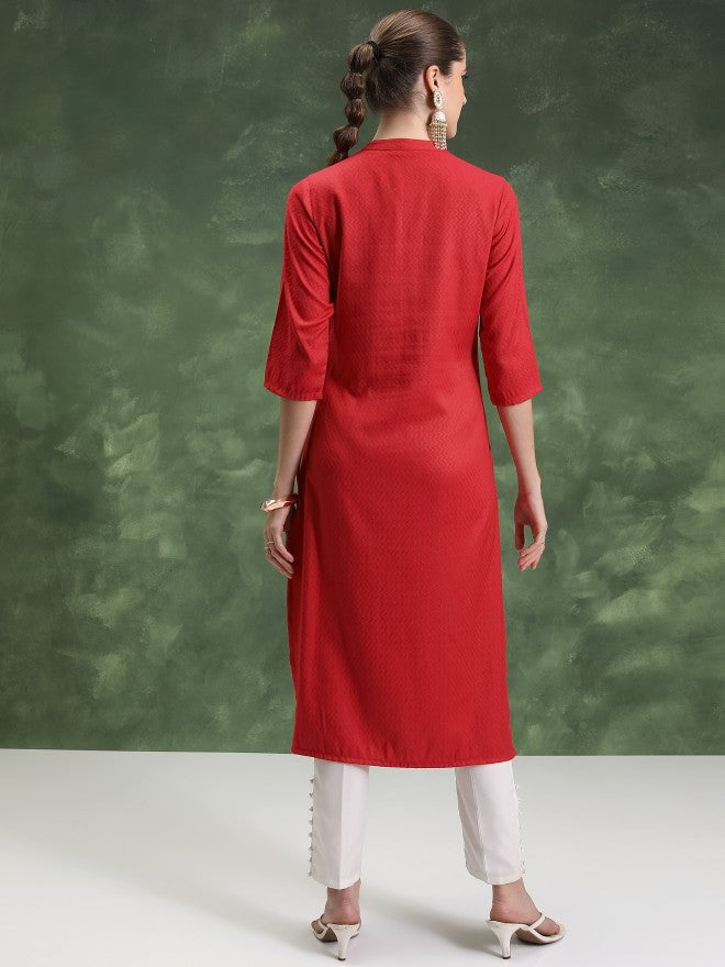 Vishudh Women Red Solid Straight Kurta - Red - Image 3