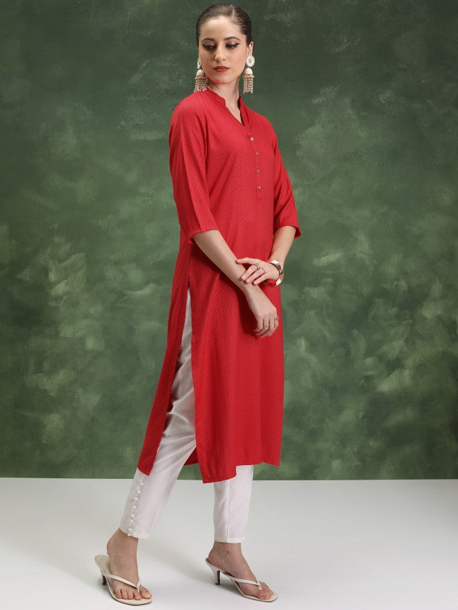 Vishudh Women Red Solid Straight Kurta - Red - Image 4