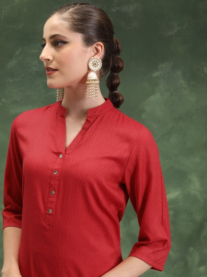 Vishudh Women Red Solid Straight Kurta - Red - Image 6
