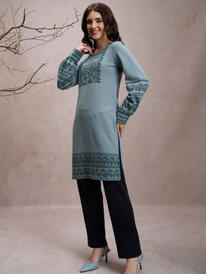Vishudh Women Blue Printed Straight Kurta - Blue - Image 2
