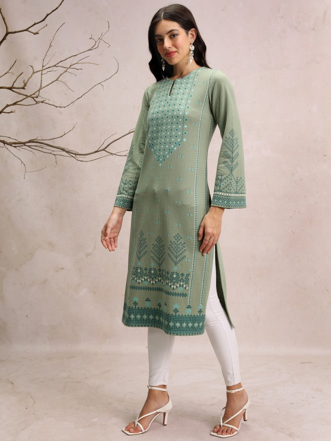Vishudh Women Green Printed Straight Kurta - Green - Image 2