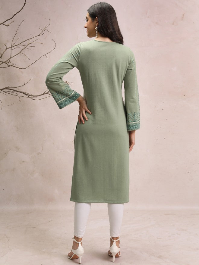 Vishudh Women Green Printed Straight Kurta - Green - Image 3