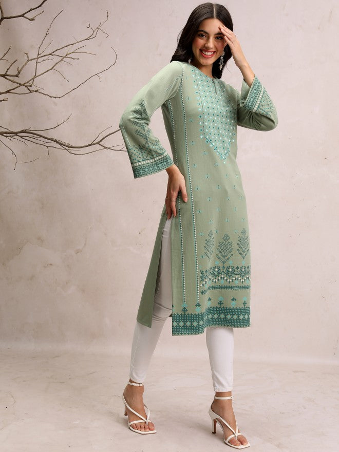Vishudh Women Green Printed Straight Kurta - Green - Image 4