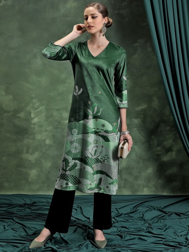 Vishudh Women Green Printed Straight Kurta - Green - Image 1