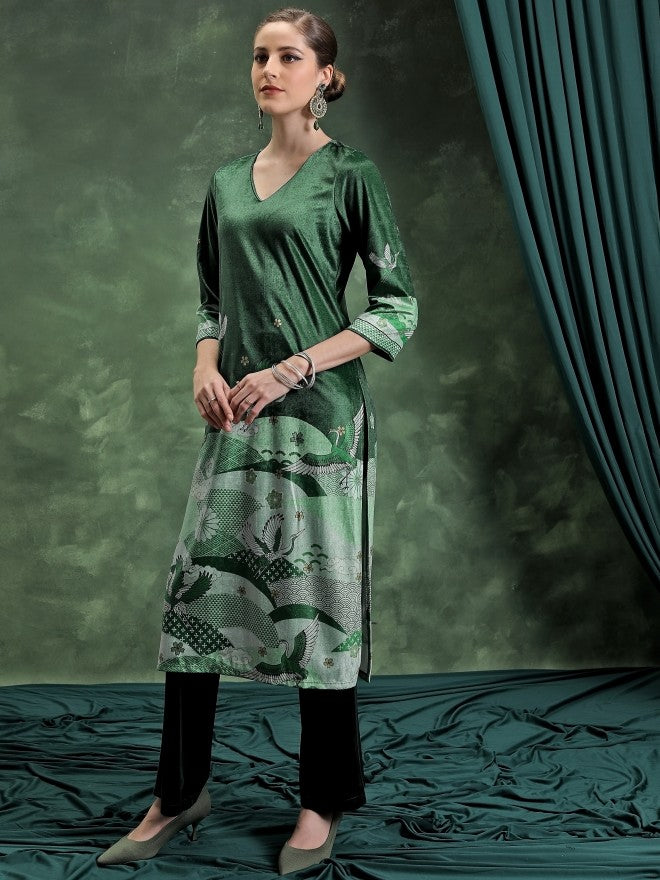 Vishudh Women Green Printed Straight Kurta - Green - Image 2