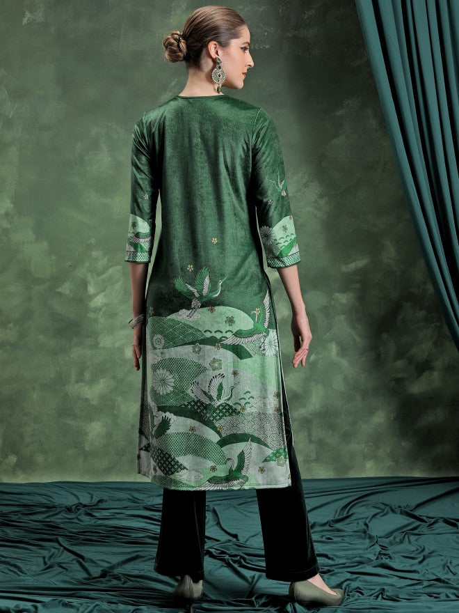 Vishudh Women Green Printed Straight Kurta - Green - Image 3