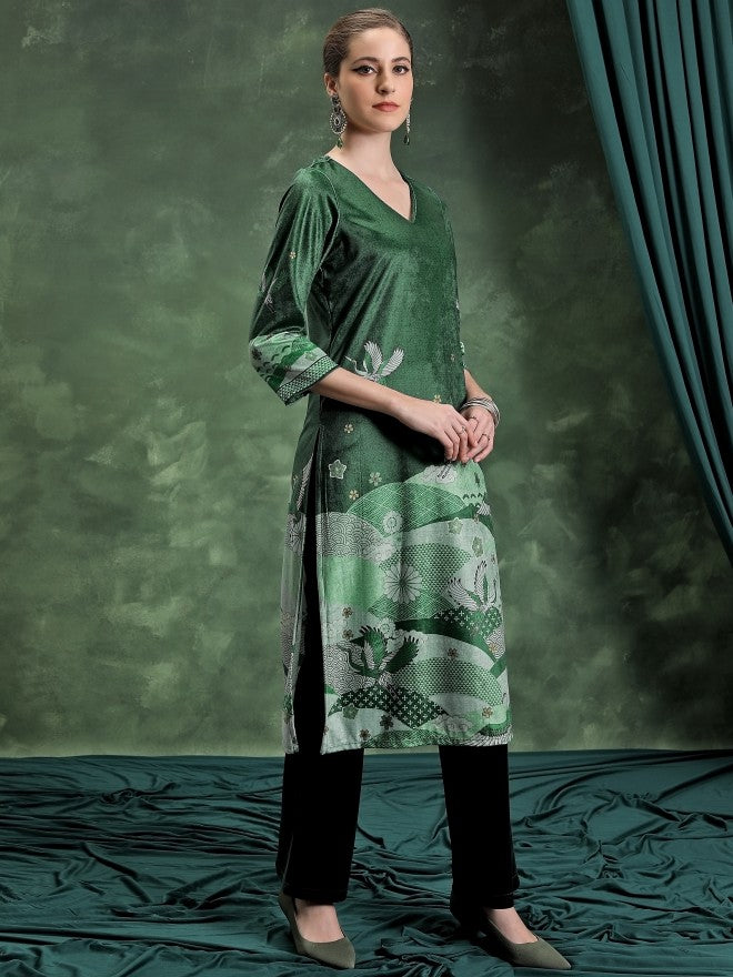 Vishudh Women Green Printed Straight Kurta - Green - Image 4