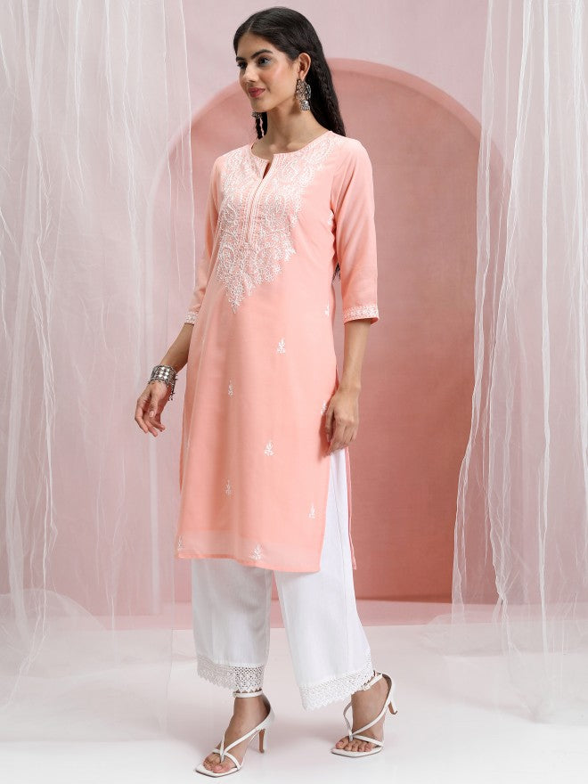 Vishudh Women Peach Embroidered Straight Kurta - Peach - Image 2