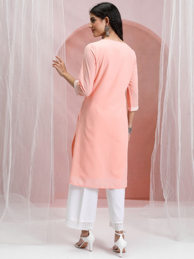 Vishudh Women Peach Embroidered Straight Kurta - Peach - Image 3