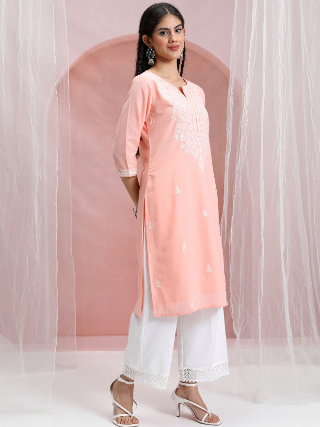 Vishudh Women Peach Embroidered Straight Kurta - Peach - Image 4