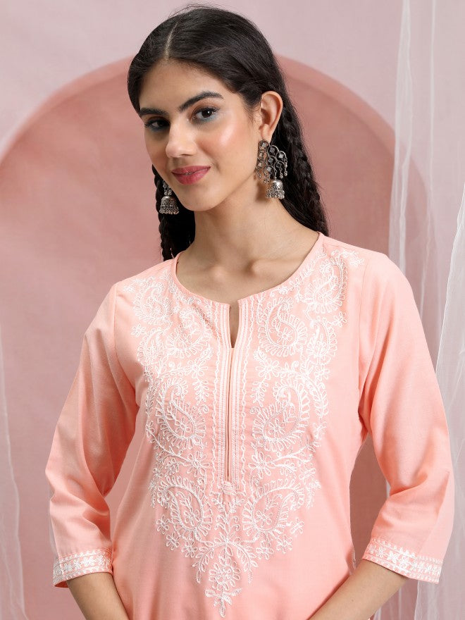 Vishudh Women Peach Embroidered Straight Kurta - Peach - Image 6