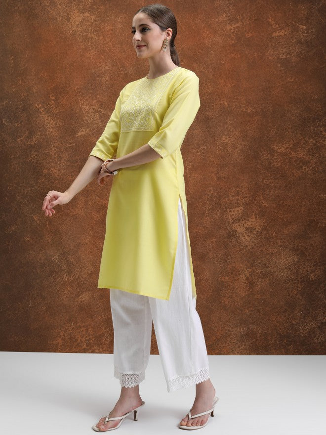 Vishudh Women Yellow Embroidered Straight Kurta - Yellow - Image 2