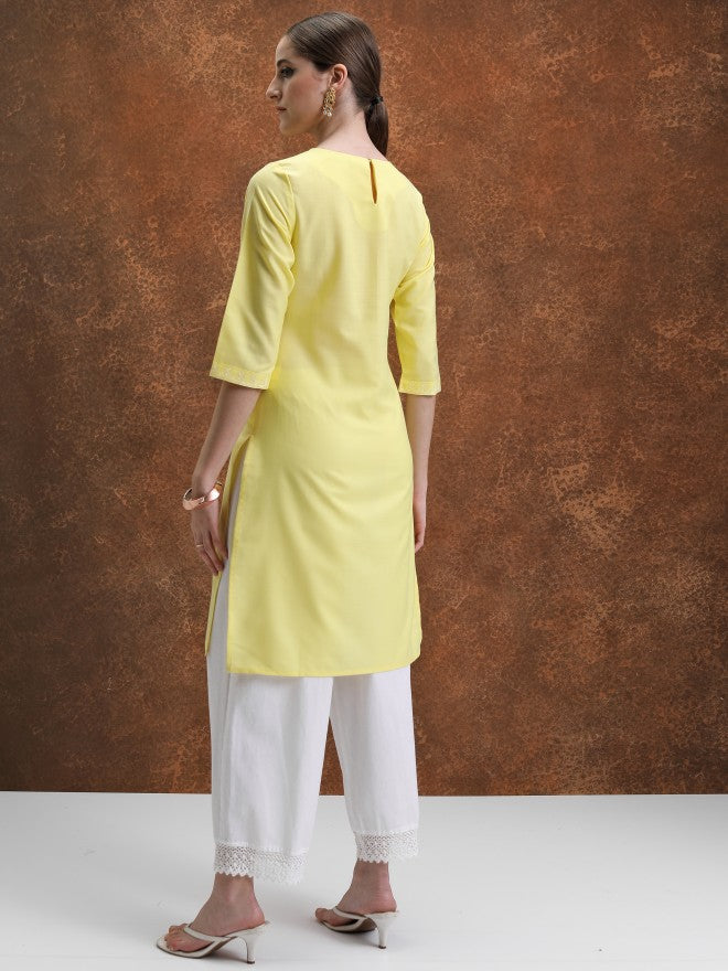 Vishudh Women Yellow Embroidered Straight Kurta - Yellow - Image 3