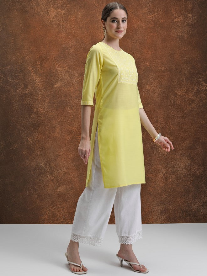 Vishudh Women Yellow Embroidered Straight Kurta - Yellow - Image 4