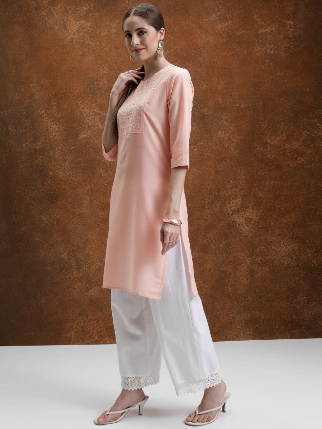 Vishudh Women Peach Embroidered Straight Kurta - Peach - Image 2