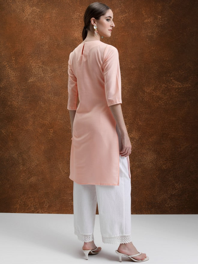 Vishudh Women Peach Embroidered Straight Kurta - Peach - Image 3