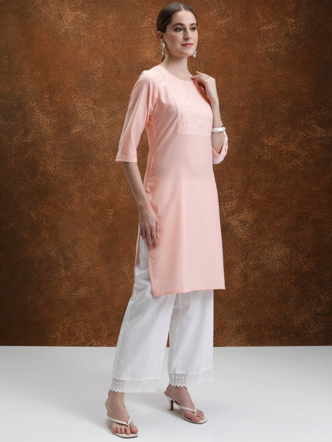 Vishudh Women Peach Embroidered Straight Kurta - Peach - Image 4