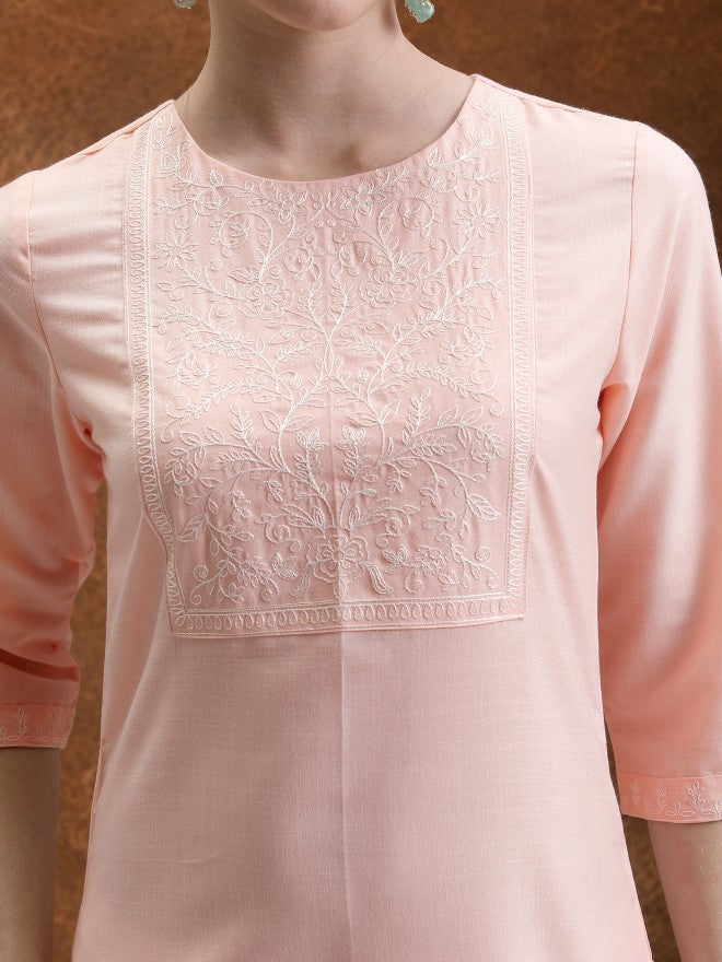 Vishudh Women Peach Embroidered Straight Kurta - Peach - Image 5