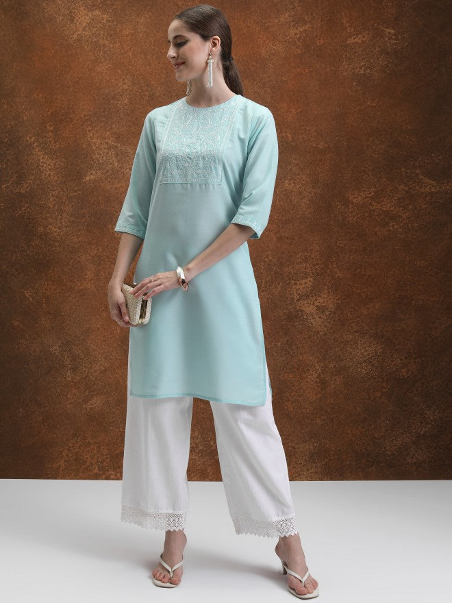Vishudh Women White Embroidered Straight Kurta - White - Image 1