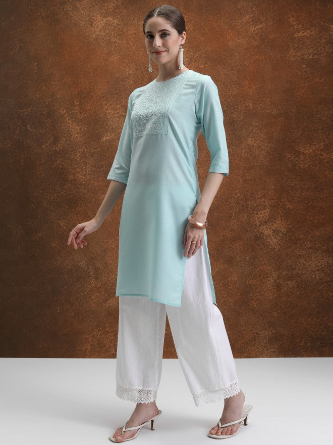 Vishudh Women White Embroidered Straight Kurta - White - Image 2