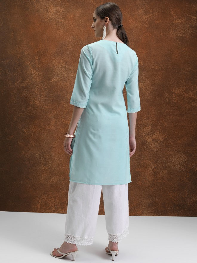 Vishudh Women White Embroidered Straight Kurta - White - Image 3