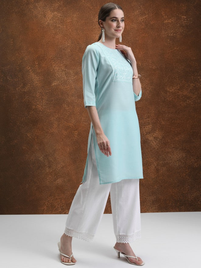 Vishudh Women White Embroidered Straight Kurta - White - Image 4