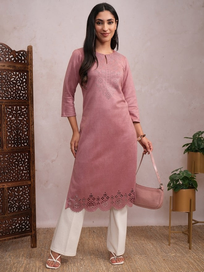 Vishudh Women Pink Embellished Straight Kurta - Pink - Image 1