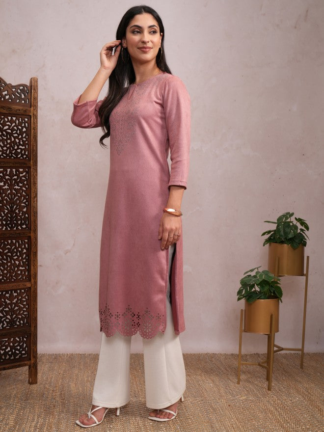 Vishudh Women Pink Embellished Straight Kurta - Pink - Image 2