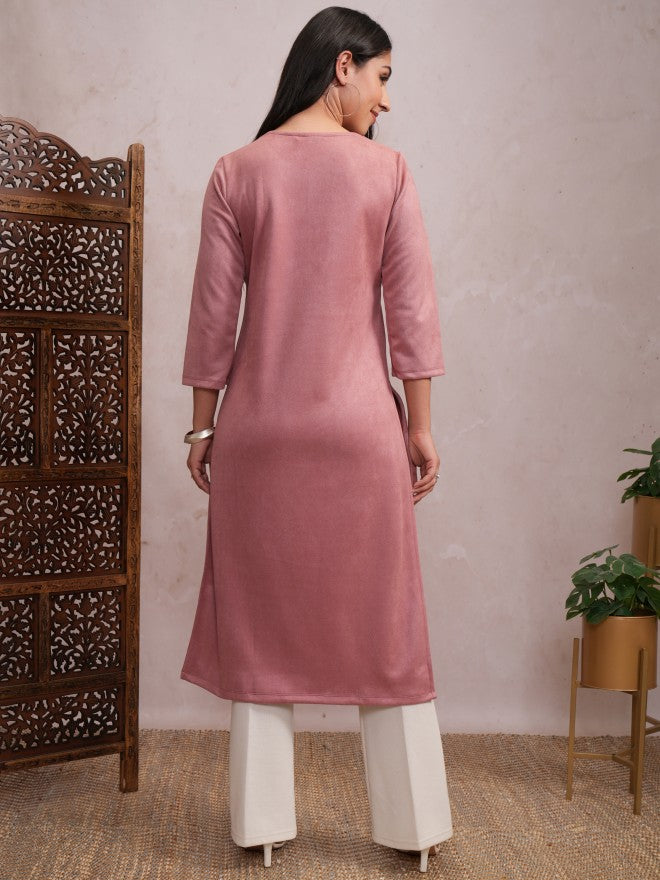Vishudh Women Pink Embellished Straight Kurta - Pink - Image 3