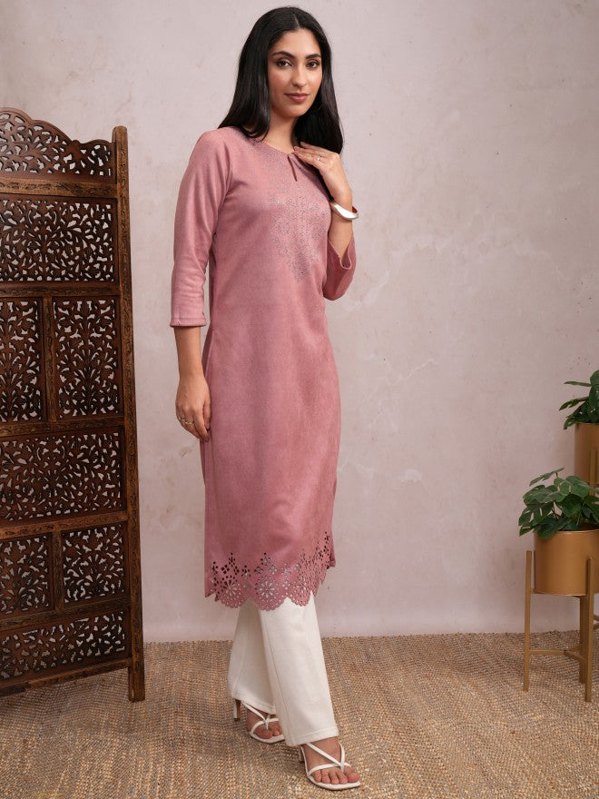 Vishudh Women Pink Embellished Straight Kurta - Pink - Image 4