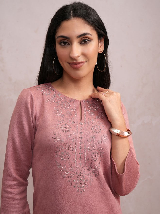 Vishudh Women Pink Embellished Straight Kurta - Pink - Image 6