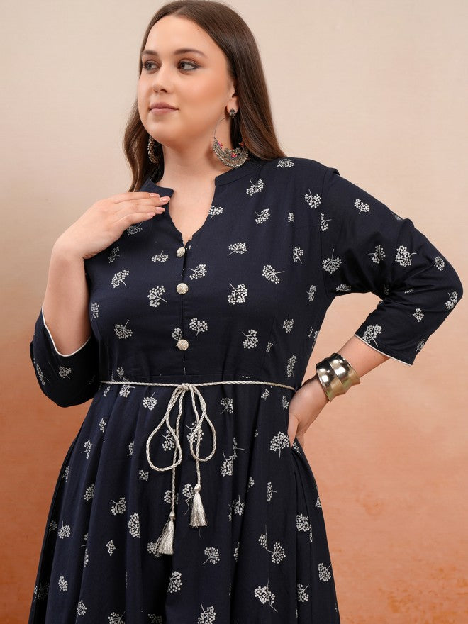 Vishudh Women Navy Blue Printed A-Line Kurta - Navy Blue - Image 2
