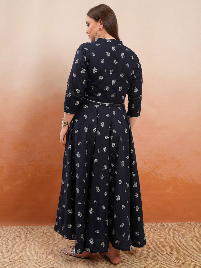 Vishudh Women Navy Blue Printed A-Line Kurta - Navy Blue - Image 3