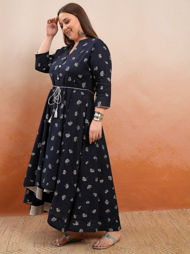 Vishudh Women Navy Blue Printed A-Line Kurta - Navy Blue - Image 4
