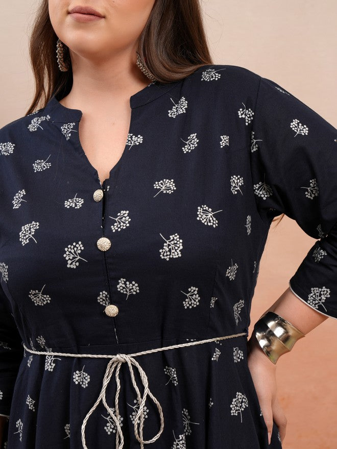 Vishudh Women Navy Blue Printed A-Line Kurta - Navy Blue - Image 5
