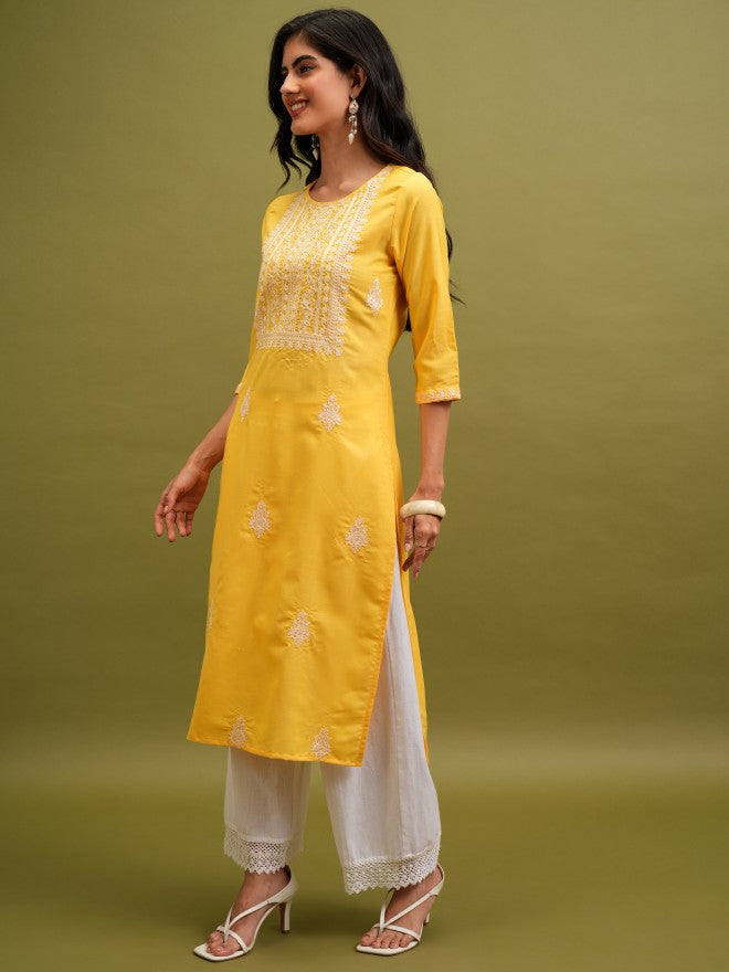Vishudh Women Yellow Embroidered Straight Kurta - Yellow - Image 2