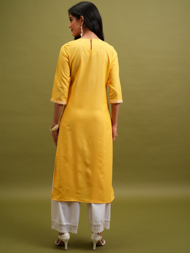Vishudh Women Yellow Embroidered Straight Kurta - Yellow - Image 3