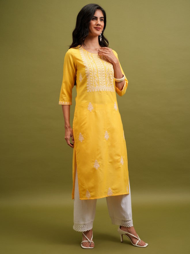 Vishudh Women Yellow Embroidered Straight Kurta - Yellow - Image 4