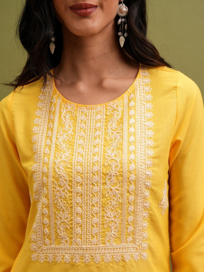 Vishudh Women Yellow Embroidered Straight Kurta - Yellow - Image 5