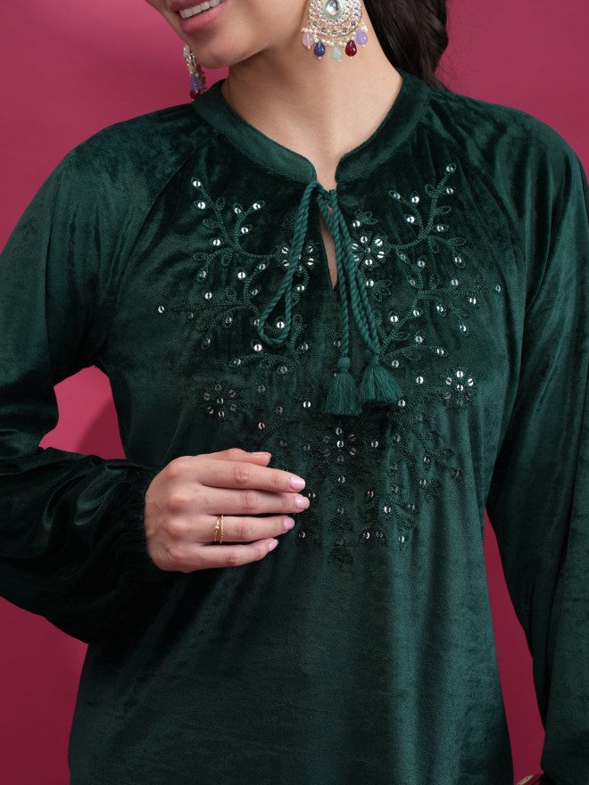 Vishudh Women Green Embroidered Straight Kurta - Green - Image 5