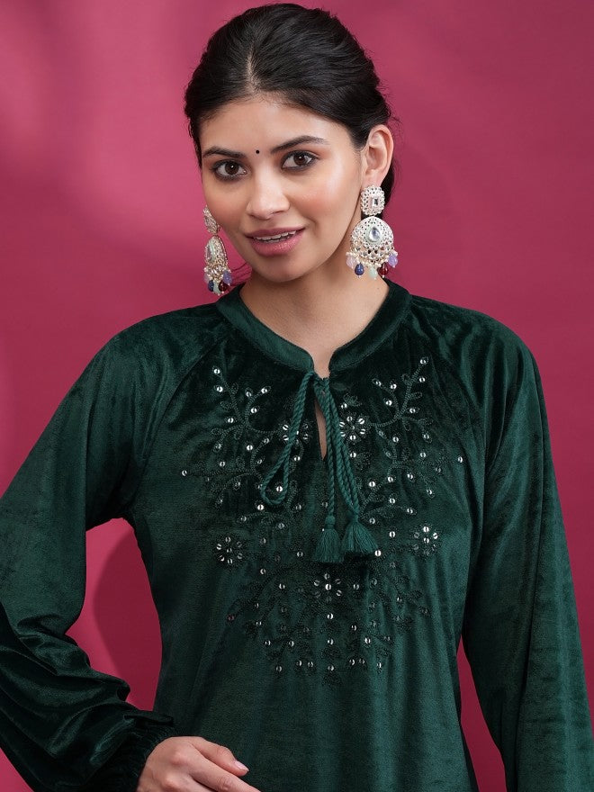 Vishudh Women Green Embroidered Straight Kurta - Green - Image 6