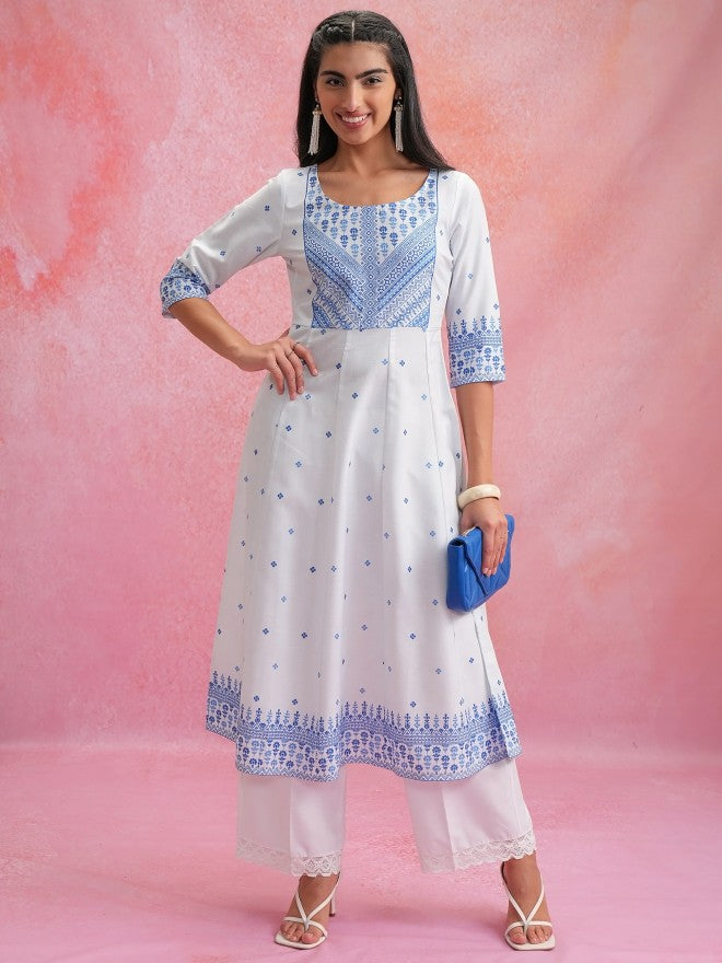 Vishudh Women White Printed Anarkali Kurta - White - Image 1