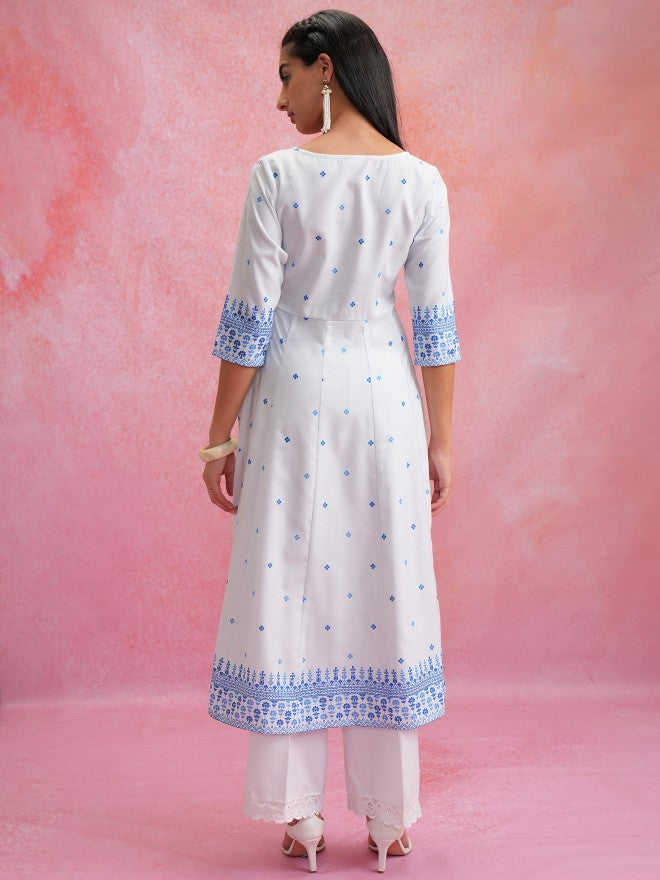 Vishudh Women White Printed Anarkali Kurta - White - Image 3