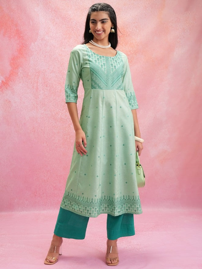 Vishudh Women Anarkali Green Anarkali Printed Kurta - Green - Image 1