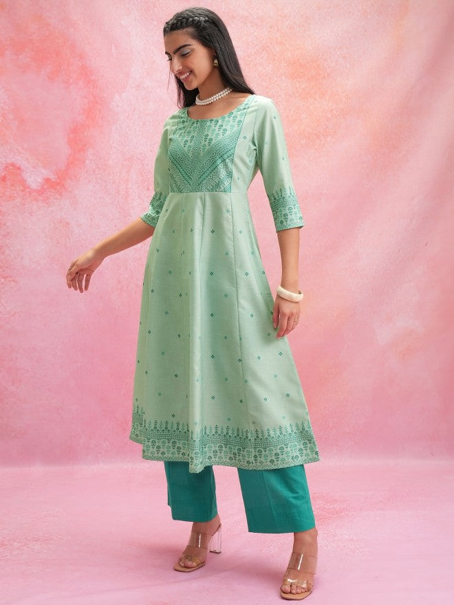 Vishudh Women Anarkali Green Anarkali Printed Kurta - Green - Image 2